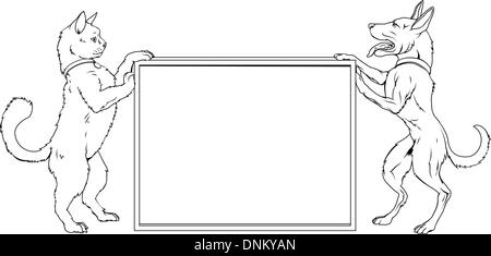Haustier Katze und Hund stehen beiderseits eines Zeichens Stock Vektor