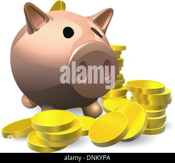 Sparschwein mit Goldmünzen Illustration, Einsparungen Konzept Stock Vektor