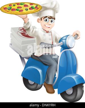 Ein elegant gekleidet Pizzabäcker in seinem Chef weißen liefern Pizza auf sein Moped. Stock Vektor