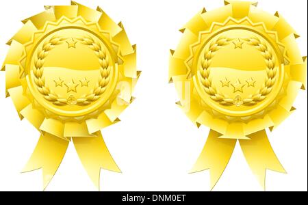 Die Gewinner der goldenen Lorbeer Rosetten mit Lorbeerkranz und Sternen in der Mitte und Band nach unten hängend Stock Vektor