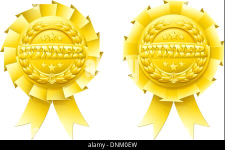 Gold-Gewinner Rosetten mit dem Wort-Sieger und Gewinner Lorbeer Kranz und Sterne Stock Vektor