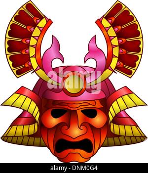 Eine Abbildung einer roten orange und Magenta gefürchteten Samurai-Maske Stock Vektor