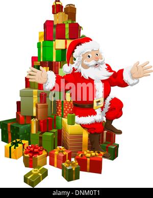 Zur Veranschaulichung der Santa sitzt auf einem Stapel von Geschenken winken Stock Vektor