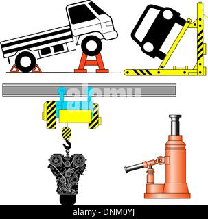 Stellen Sie Gerät zum Heben einer Autoreparatur ein. Vektor-Illustration. Stock Vektor