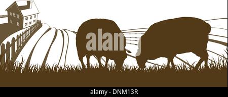 Bauernhof, die sanfte Hügellandschaft mit Bauernhaus und Schafe füttern auf dem Rasen in der silhouette Stock Vektor