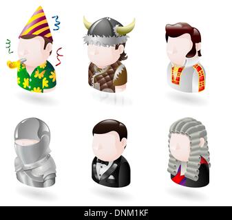 Ein Avatar Menschen Web oder Internet Symbolsatz Serie. Enthält einen Party Mensch, Viking, Elvis Charakter, Ritter, James Bond Charakter eine Stock Vektor