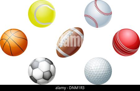 Illustrationen von Sport Ball Symbole, einschließlich Cricketball, Fußball und Fußball, Baseball Ball und Tennisball Golfball ein Stock Vektor