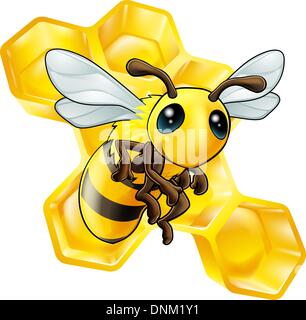 Ein Beispiel für eine lächelnde Cartoon-Biene mit Waben Stock Vektor