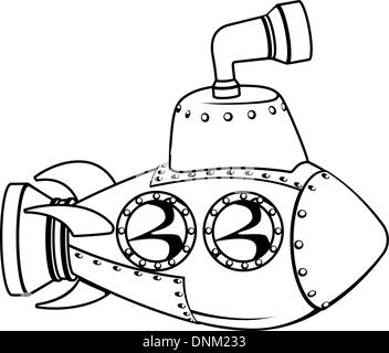 Abbildung eines niedlichen Cartoon u-Boot in schwarz / weiß Gliederung Stock Vektor