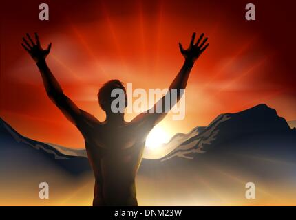 Ein Mann bei Sonnenaufgang oder Sonnenuntergang mit erhobenen Händen und Sonne über den Bergen aufgeht. Stock Vektor