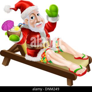 Weihnachtsmann auf eine heiße Weihnachtsurlaub erholsam auf einer Sonnenliege am Strand oder am Pool tragen Bermuda oder Hawaiian Board s Stock Vektor