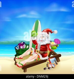 Santa Weihnachten Illustration. Santa entspannen am Strand mit einem Surfbrett Tasche von Geschenken und anderen Urlaub Elemente Ans ein tropi Stock Vektor