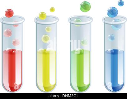 Eine Darstellung der vier verschiedenen farbigen Reagenzgläser mit blubbernden Flüssigkeit in Ihnen Stock Vektor