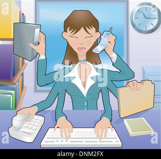Eine geschäftige Frau Multitasking im Büro, keine Netze verwendet Stock Vektor