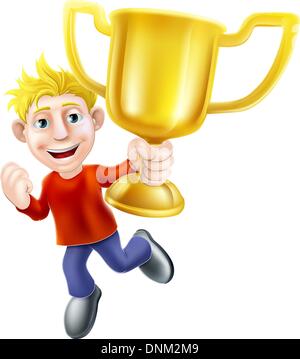 Ein Cartoon lässig gekleidet Mann glücklich springen in der Luft halten einen Gewinner gold Pokal Stock Vektor