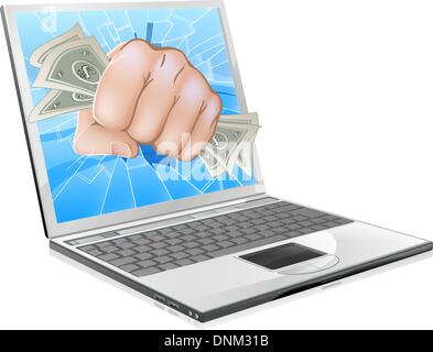 Ein Beispiel für einen Laptop-Computer mit eine Hand voll Dollar aus dem Bildschirm heraus zerschlagen Stock Vektor
