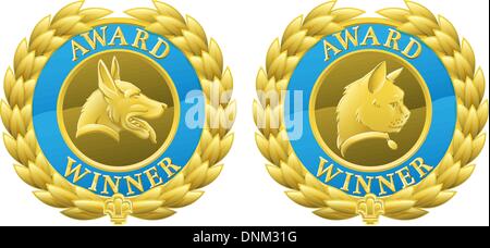 Gold Katze und Hund Haustier Wettbewerbsgewinner Medaillen Illustrationen. Gewinnerseite Haustier Haustier-Show oder Agility Wettbewerb oder fo wäre Stock Vektor