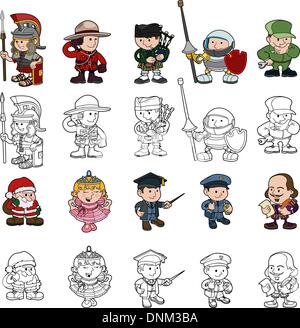 Eine Reihe von Cartoon Menschen oder Kinder Dress spielen. Farbe und schwarz / weiß Umriss-Versionen enthalten. Stock Vektor