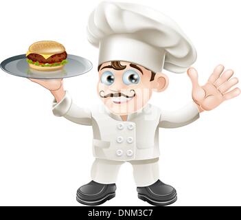 Ein glückliches süß Koch Stand halten einen Cheeseburger in einer Platte Stock Vektor