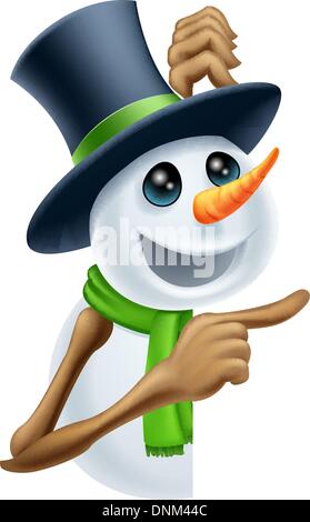 Ein Schneemann in einem Zylinderhut und grünen Schal zeigt auf eine Weihnachtsbotschaft Stock Vektor
