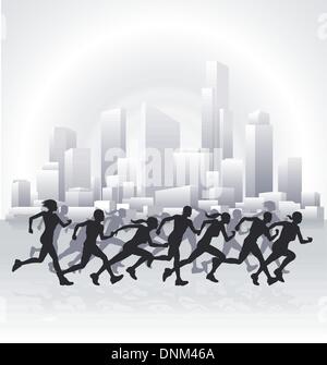 Läufer laufen in einer Großstadt mit einer Stadtlandschaft Skyline im Hintergrund. Stock Vektor