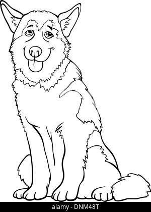 Schwarz / Weiß Cartoon Illustration der lustige Siberian Husky oder Alaskan Malamute Hund für Malbuch Stock Vektor