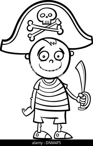 Schwarz / Weiß Cartoon Illustration von niedlichen kleinen Jungen im Piratenkostüm für Maskenball für Malbuch Stock Vektor