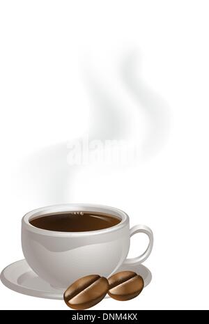 Eine dampfende Tasse Kaffee und zwei Kaffeebohnen, die Zeichnung Stock Vektor
