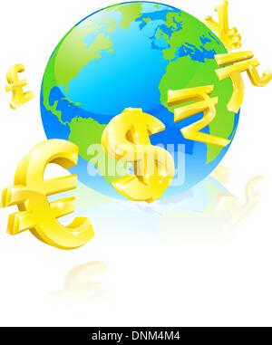 Internationalen Währungszeichen herumfliegen eine Weltkugel Stock Vektor