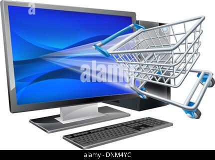 Desktop-Computer mit Supermarkt Einkaufswagen Einkaufswagen fliegen aus Bildschirm, Online-shopping-Konzept Stock Vektor