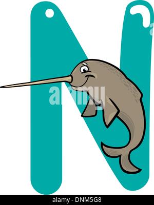 Cartoon-Illustration des N Brief für Narwal Stock Vektor