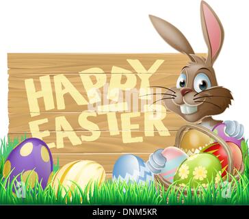 Ein Osterhase mit einem Korb voller Schokoladeneier neben einem Schild Frohe Ostern Stock Vektor