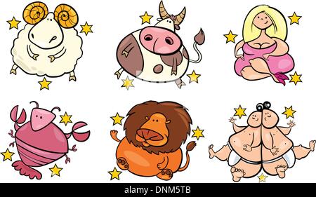 Darstellung der sechs übergewichtig Tierkreiszeichen von April bis september Stock Vektor