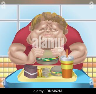 Eine übergewichtige Mann im Fastfood-Restaurant Konsum von Junk-Food. Keine Netze verwendet. Stock Vektor
