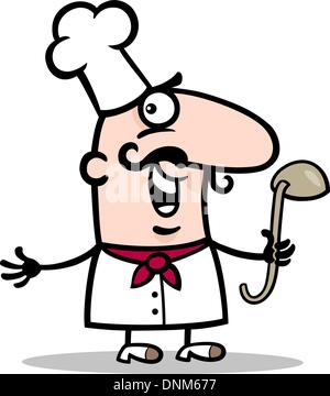 Cartoon-Illustration der lustige männliche Köchin oder Koch mit Pfanne Beruf Beruf Stock Vektor