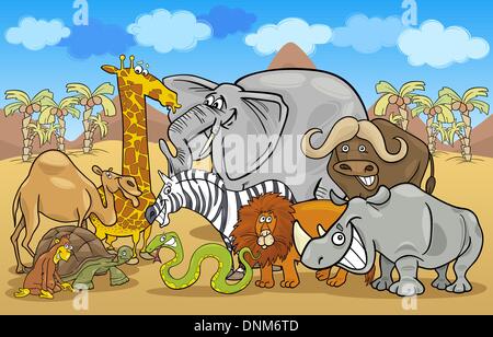 Cartoon Illustration lustig Safari wilde Tiere Gruppe gegen blauen Himmel und afrikanische Landschaft Stock Vektor