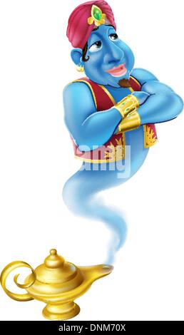 Abbildung von einem freundlichen Jinn oder kommen aus einer gold magische Öllampe wie in der Geschichte von Aladdin Genie Stock Vektor