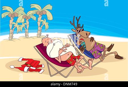 Cartoon-Illustration der Weihnachtsmann und Rentier erholend am Strand Stock Vektor