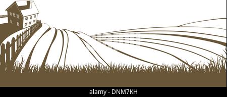 Eine Abbildung einer idyllischen Bauernhof Landschaft mit Bauernhaus und sanften Hügeln Stock Vektor