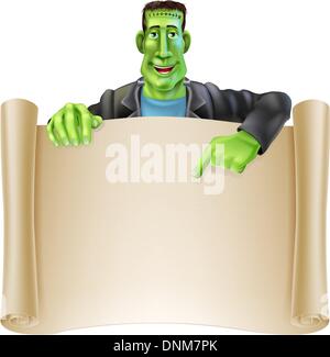 Eine Abbildung einer niedlichen Cartoon Frankenstein Monster Figur auf ein Scroll-Zeichen zeigen. Perfekt für Ihre Halloween-Zeichen oder m Stock Vektor