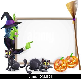 Halloween-Hintergrund-Zeichen-Rahmen mit Hexe, Halloween-Kürbis, Hexe, schwarze Katzen und Besenstiel Exemplar für Ihren text Stock Vektor