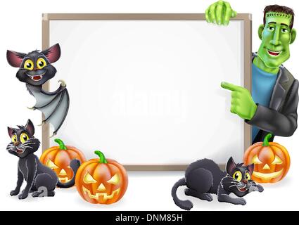 Halloween Schild oder Banner mit orange Halloween-Kürbisse und schwarze Hexe Katzen, Hexe Besenstiel und Cartoon Frankenstein Mo Stock Vektor