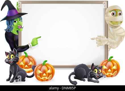 Halloween Schild oder Banner mit orange Halloween-Kürbisse und schwarze Hexe Katzen, Hexe Besenstiel und Cartoon-Hexe und Mumie Stock Vektor