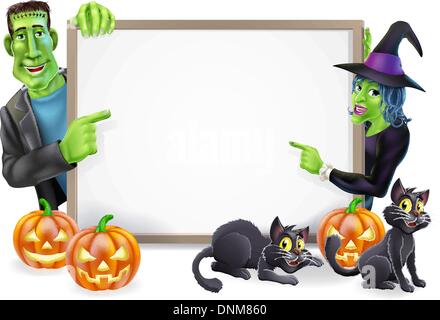 Halloween Schild oder Banner mit orange Halloween-Kürbisse und schwarze Hexe Katzen, Hexe Besenstiel und Cartoon Frankenstein Mo Stock Vektor