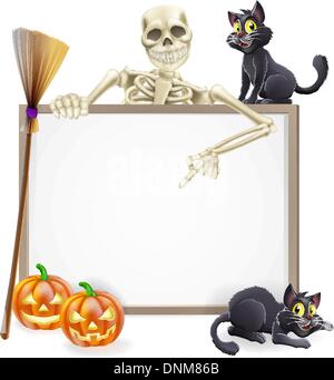 Ein Halloween-Zeichen mit einem klassischen Skelett Charakter nach unten und Hexe schwarze Katzen, Besen und Halloween geschnitzt orange Stock Vektor