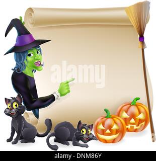 Halloween-Scroll oder Banner-Schild mit Orange Halloween geschnitzten Kürbisse und schwarze Hexe Katzen, die Hexenbesen bleiben und cartoon-wi Stock Vektor