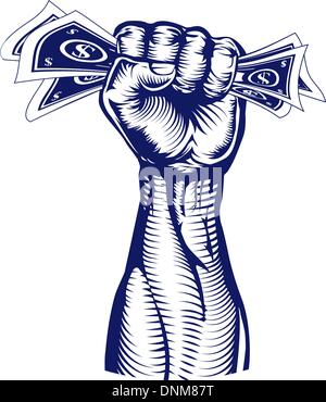 Eine revolutionäre Faust hält eine Hand voll Dollar Rechnungen Geld. Stock Vektor