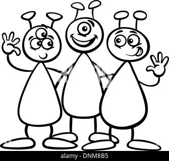 Schwarz / Weiß Cartoon Illustration drei lustige Aliens oder Marsmenschen Comic-Figuren für Malbuch Stock Vektor