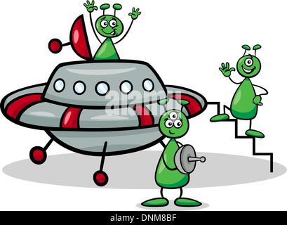 Cartoon-Illustration von drei lustige Aliens oder Marsmenschen Comic-Figuren mit Ufo oder Raumschiff Stock Vektor