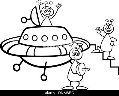Schwarz / Weiß Cartoon Illustration drei lustige Aliens oder Marsmenschen Comic-Figuren mit Ufo oder Raumschiff für Malbuch Stock Vektor